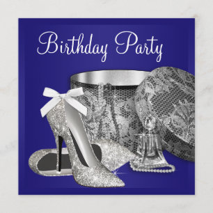 Convite de Aniversário Azul Royal Prateado para Mu