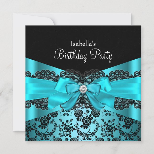 Convite de Aniversário Azul Teal com Renda Preta e (Frente)