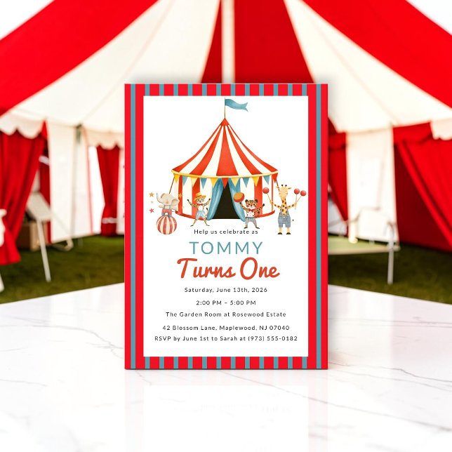 Convite de Aniversário Azul Vermelho Tenda de Circ (Criador carregado)