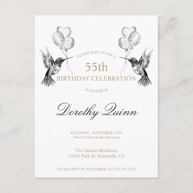 Convite de Aniversário Balão Beija-flor Aquarela (Frente)