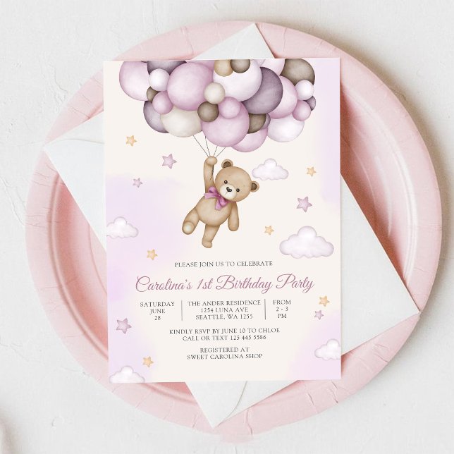 Convite de Aniversário Balão de Urso de Pelúcia (Criador carregado)