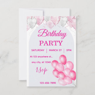 Convite de Aniversário Balão Rosa Aquarela