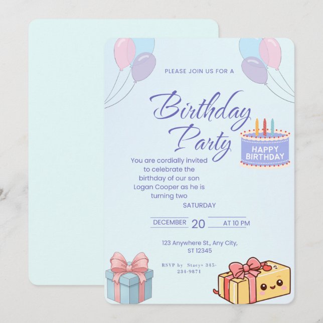 Convite de Aniversário Balões e Presentes Azuis -  (Frente/Verso)