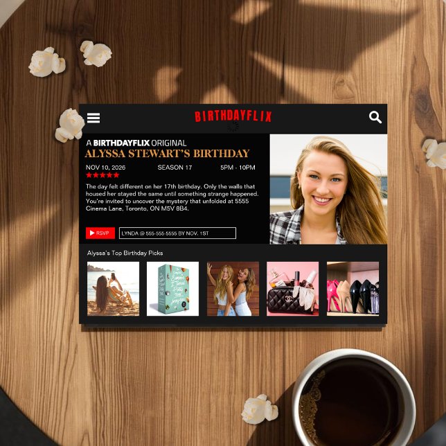 Convite de Aniversário Birthdayflix (Movie Theme Birthday Photo Invitation)