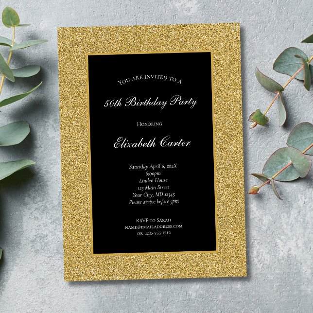 Convite de Aniversário Black Gold Glitter 50º 60º (Black and Gold Glitter 50th Birthday invitation. Formal Elegant. Instant Download Digital or Printed)