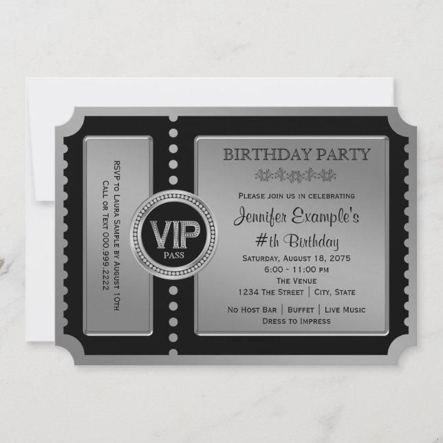 Convite de aniversário Black Silver Ticket (Frente)