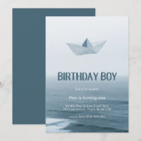 Convite de aniversário Blue Boat Boy Watercolor