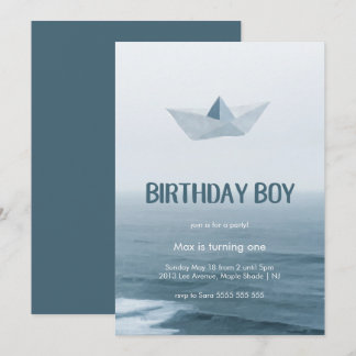 Convite de aniversário Blue Boat Boy Watercolor