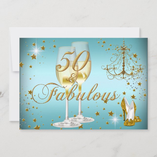 Convite de Aniversário Blue Gold Sparkle 50 & Fabu (Frente)