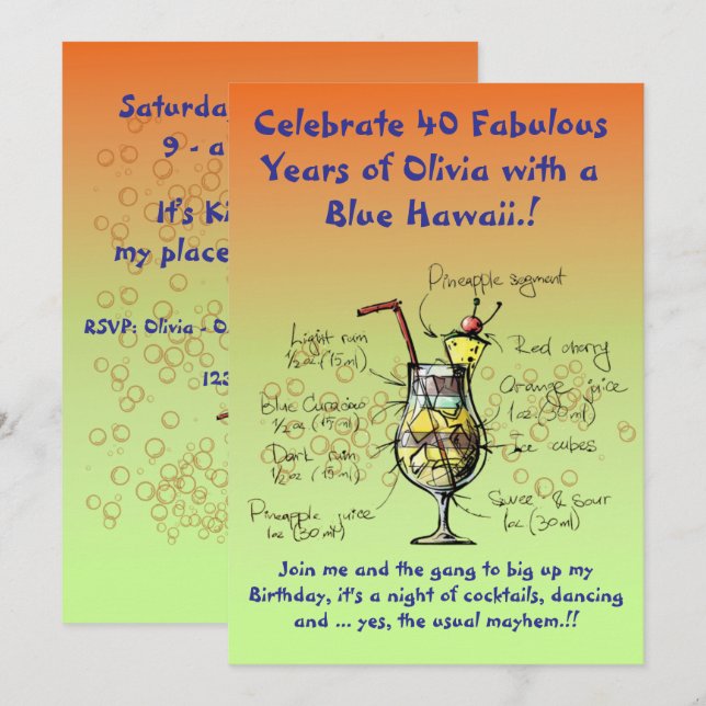Convite de Aniversário Blue Hawaii (Frente/Verso)