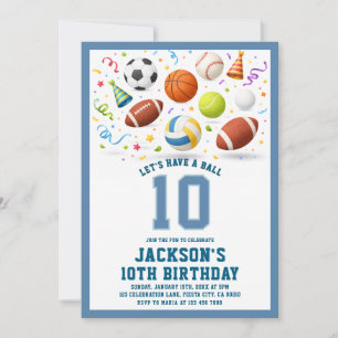 Convite de Aniversário Blue Sports Let's Have a Ba
