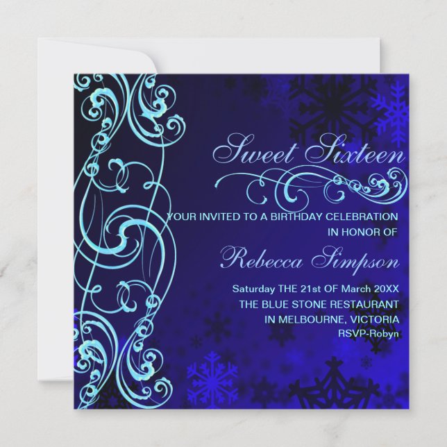 Convite de Aniversário Blue/White Snowflake Swirl  (Frente)