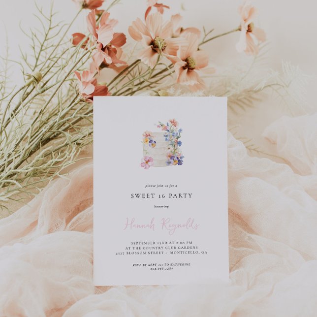 Convite de Aniversário Bolo Floral Simples Sweet 1 (Criador carregado)
