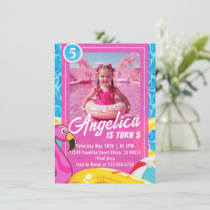Convite de Aniversário Boneca Rosa Moda Piscina