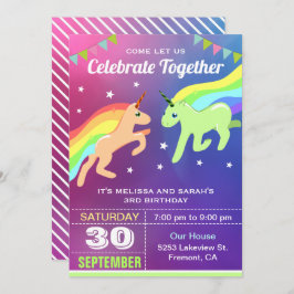 Convite de aniversário Bonito de Gêmeos Unicorn