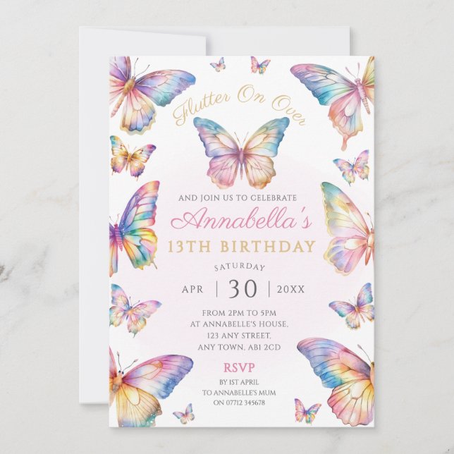 Convite de Aniversário Borboleta Arco-Íris (Frente)