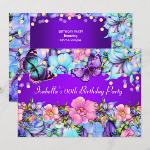Convite de Aniversário Borboleta Rosa Roxo Azul Tu