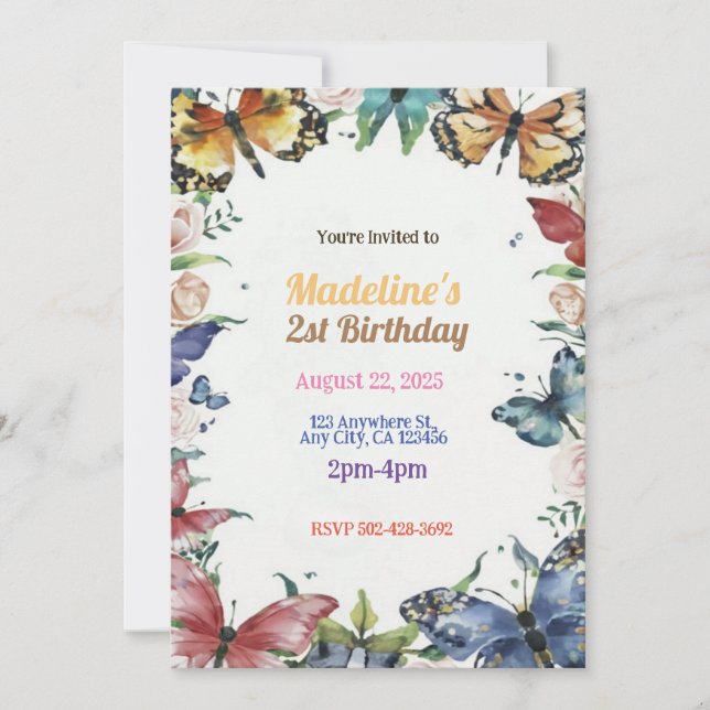 Convite de aniversário Borboletas e Flores (Frente)