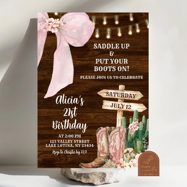 Convite de Aniversário Botas de Cowgirl Rústica co (Criador carregado)