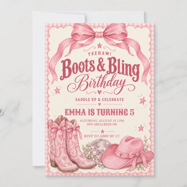 Convite de Aniversário Botas Rosa e Brilho (Frente)