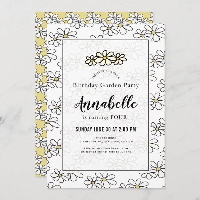 Convite de Aniversário Branco do Partido Daisy Gar (Frente/Verso)