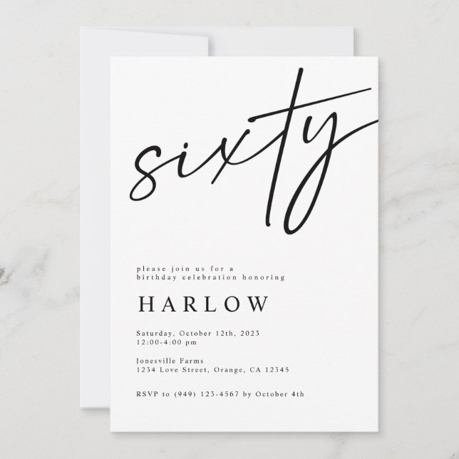 Convite de aniversário branco e preto (Frente)