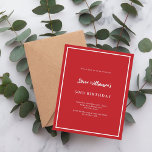 Convite de aniversário branco vermelho<br><div class="desc">Um moderno,  elegante e convite. Um fundo vermelho decorado com uma armação branca. Personalize e adicione um nome e detalhes. Texto branco. 1 folha = 1 convite impresso de borda a borda.</div>