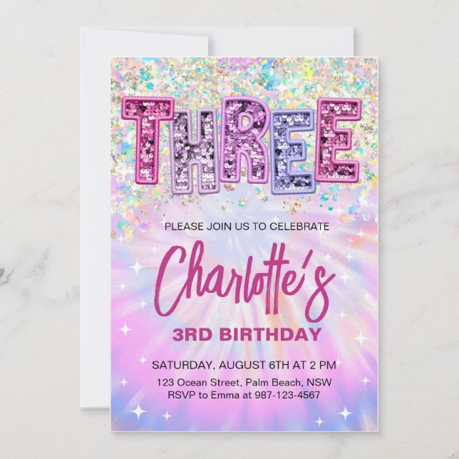 Convite de Aniversário Brilhante de 3 anos Glitter (Frente)