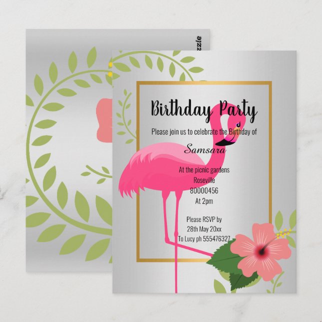 CONVITE DE ANIVERSÁRIO BRILHANTE FLAMINGO HIBISCUS (Frente/Verso)