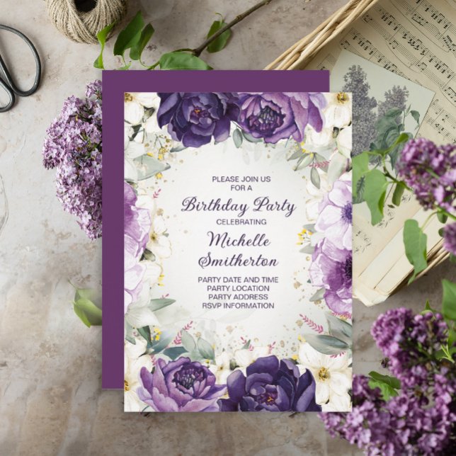 Convite de Aniversário Brilhante Floral Branco Rox (Criador carregado)