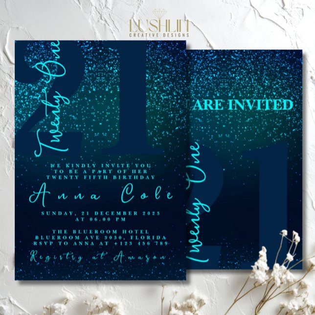 Convite de Aniversário Brilhante Glamour Azul Real (Criador carregado)