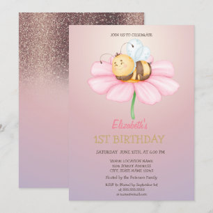 Convite de Aniversário Brilho Bebê Abelha Mel 