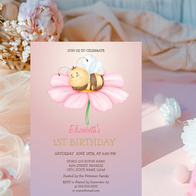 Convite de Aniversário Brilho Bebê Abelha Mel  (Criador carregado)