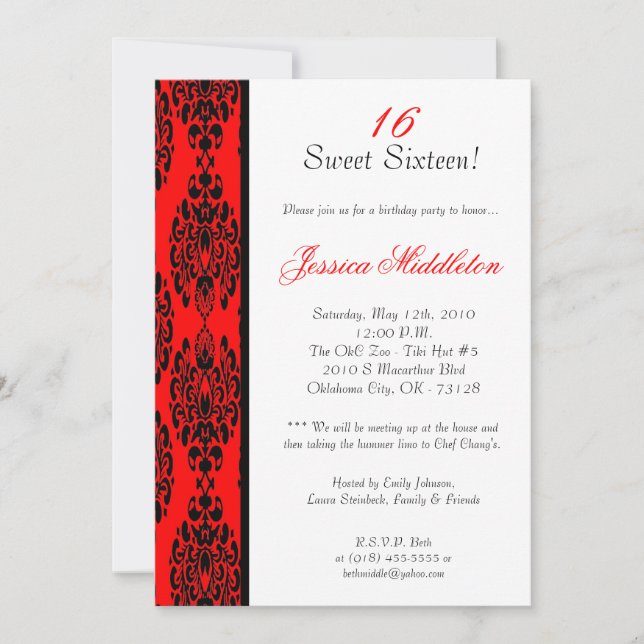 convite de aniversário Brite Red Damask 5x7 (Frente)