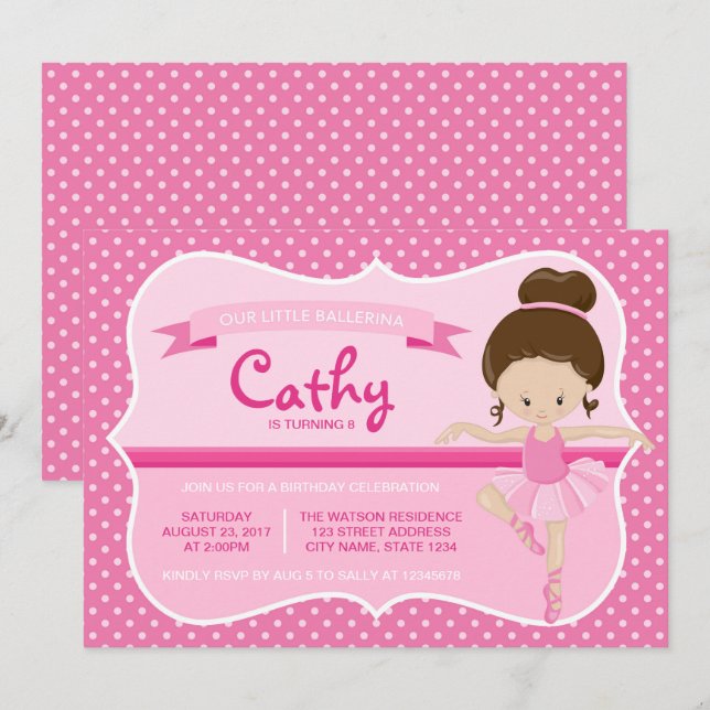 Convite de aniversário Brunette Pink Ballerina (Frente/Verso)