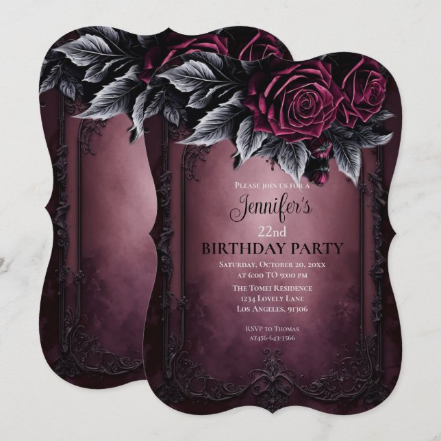 Convite de aniversário Burgundy Floral Dark Gótico (Frente/Verso)