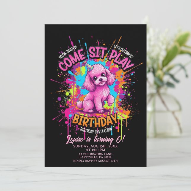 Convite de Aniversário Cachorrinho Poodle Francês  (Em pé/Frente)
