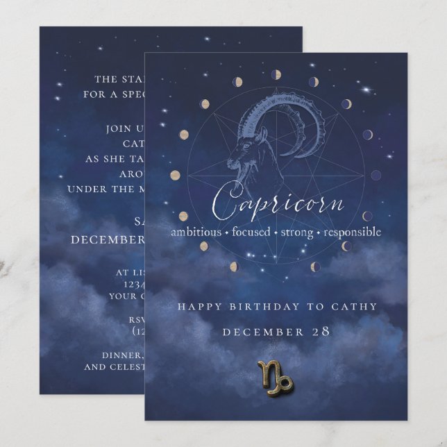 Convite de Aniversário Capricórnio Zodíaco (Frente/Verso)