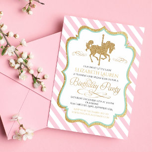 Convite de Aniversário Carousel Rosa Verde Dourado