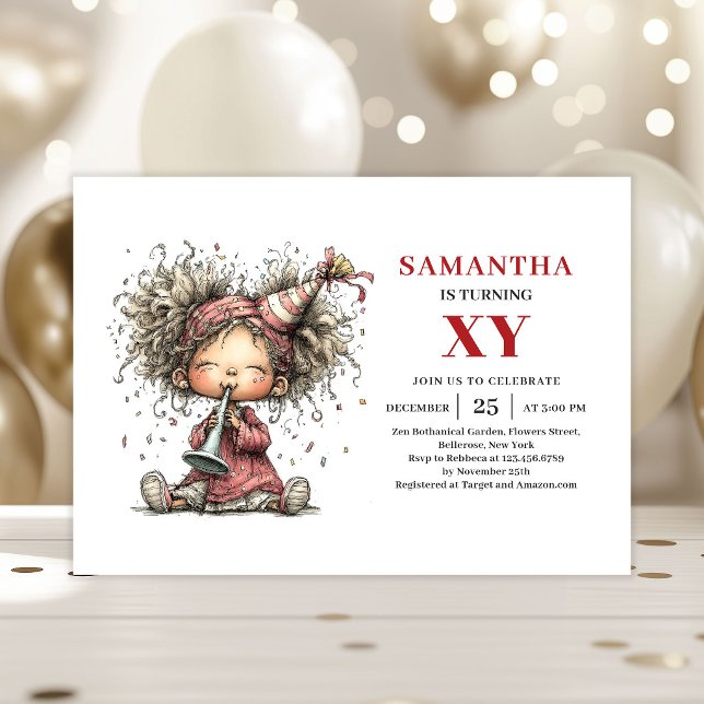 Convite de Aniversário Cartoon de Menina Pequena e (Humor Cute Little Girl Cartoon Birthday Invitation

)