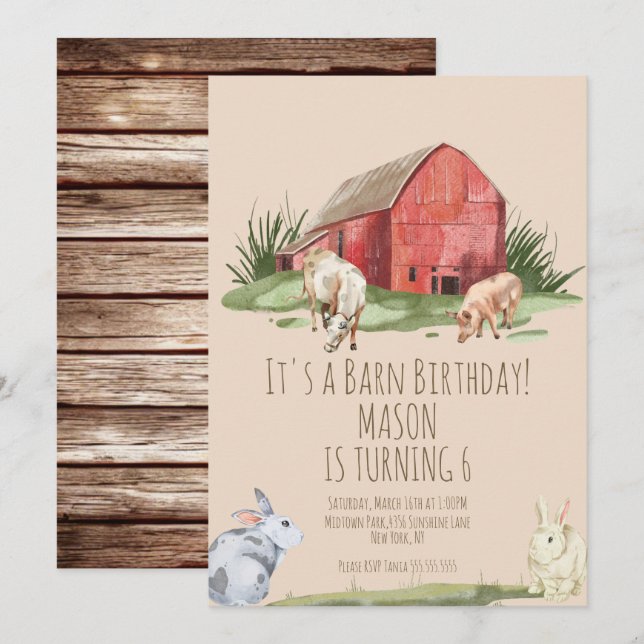 Convite de Aniversário Casa de Fazenda Animais de  (Frente/Verso)