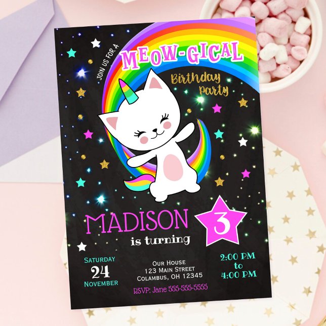 Convite de Aniversário Caticórnio, Gato Arco-íris (Criador carregado)