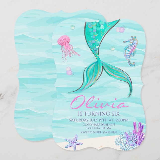 Convite de Aniversário Cauda de Sereia Sob o Mar (Frente/Verso)