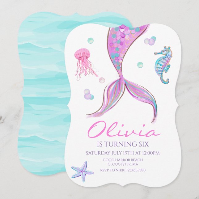 Convite de Aniversário Cauda de Sereia Sob o Mar (Frente/Verso)