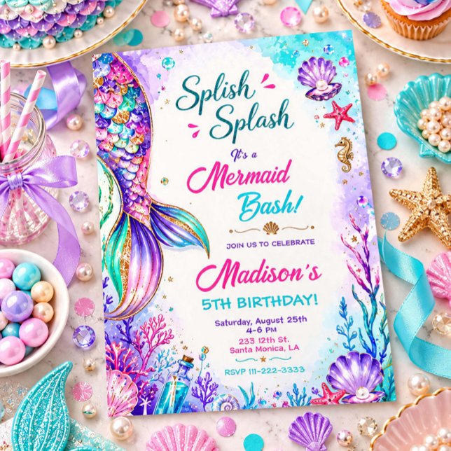 Convite de Aniversário Cauda de Sereia Sob o Mar (Mermaid Tail Under the Sea Birthday Invitation)