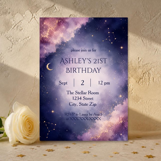 Convite de Aniversário Celestial de 21 Anos | Estr (Celebrate turning 21 with an elegant celestial galaxy invitation featuring luxurious custom fields.)
