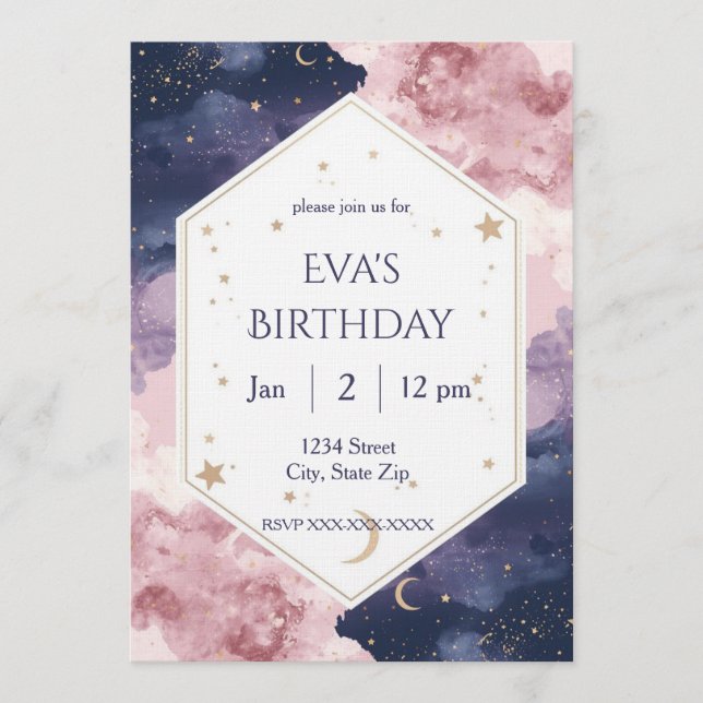 Convite de Aniversário Celestial Elegante – Aquare (Frente)