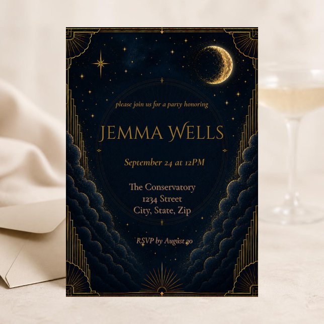 Convite de Aniversário Celestial Elegante Azul Dou (Elegant navy and gold celestial birthday invitation with a glowing crescent moon and starry night.)