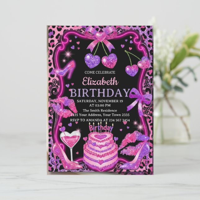 Convite de Aniversário Cereja Leopardo Rosa (Em pé/Frente)