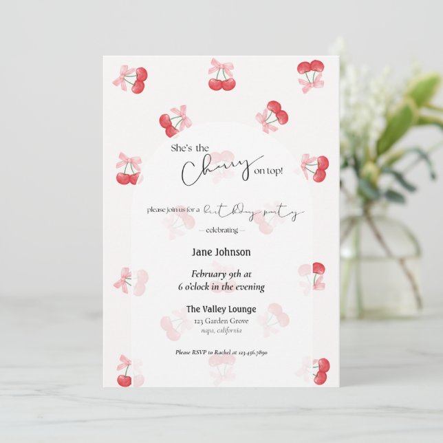 Convite de Aniversário Cerejas e Laços Cherry On T (Em pé/Frente)